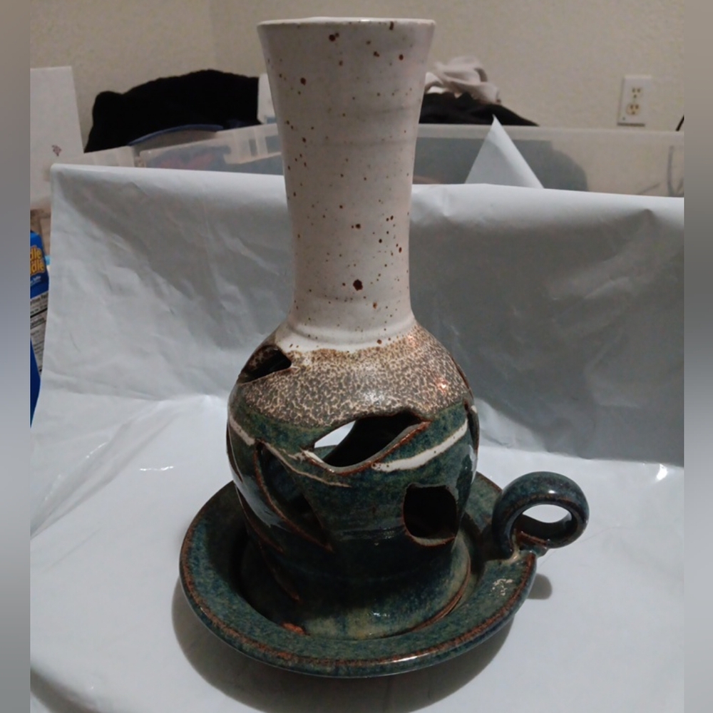 Studio Pottery Luminary WAGNER Candle Holder Blue,green/Brown/Cream Large 10.5"